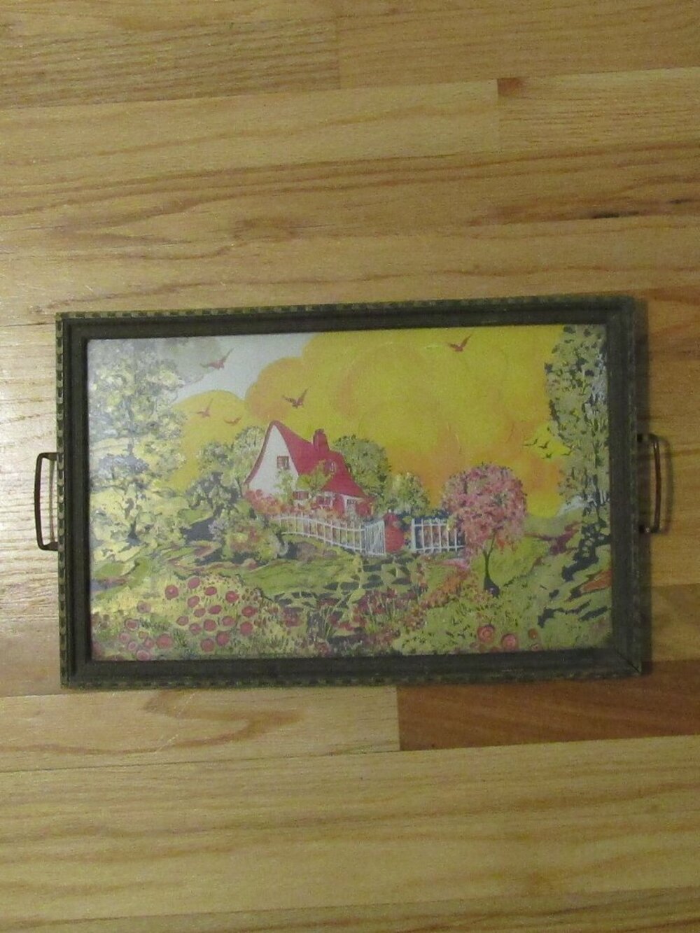 1930s Antique Tray LITTLE RED RIDING HOOD LITHOGRAPH Wooden Frame -Metal Handles